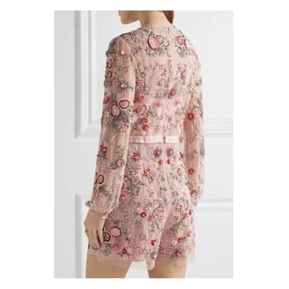Needle & Thread Meadow Embellished Tulle Playsuit Floral Pink Beaded Romper Sz 6 - Picture 5 of 16